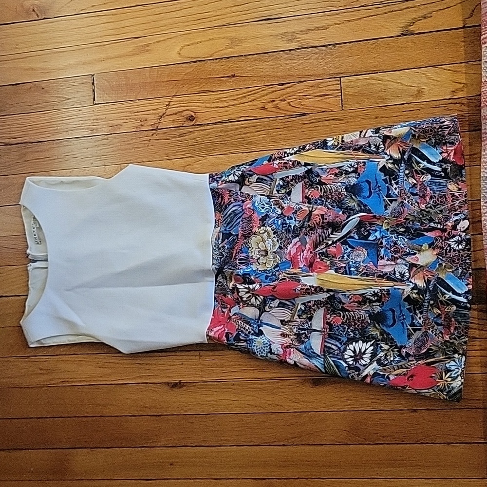 Alice + Olivia shift dress with tropical print skirt